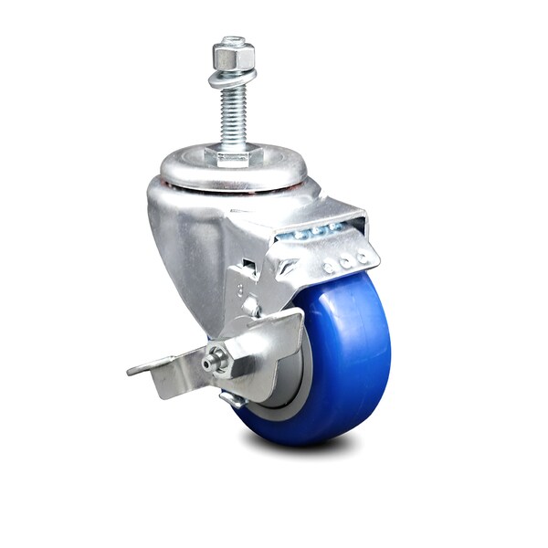 Service Caster 3.5 Inch Blue Polyurethane Swivel 3/8 Inch Threaded Stem Caster with Brake SCC SCC-TS20S3514-PPUB-BLUE-TLB-381615 - main